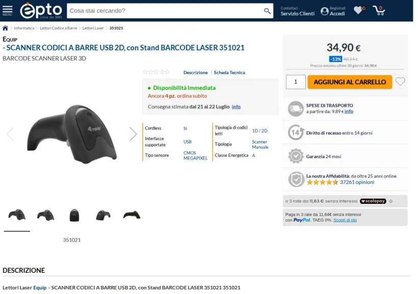 Schermata della pagina offerta di Epto
