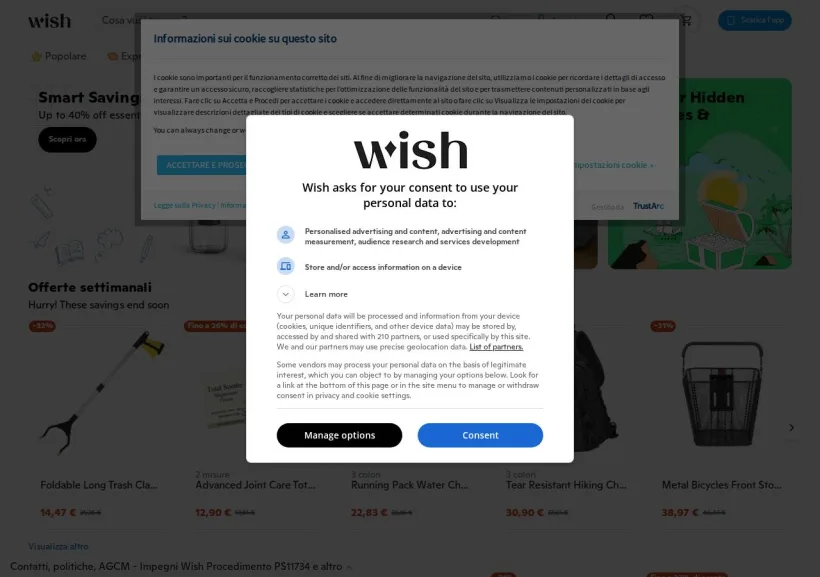 Schermata della pagina offerta di Wish