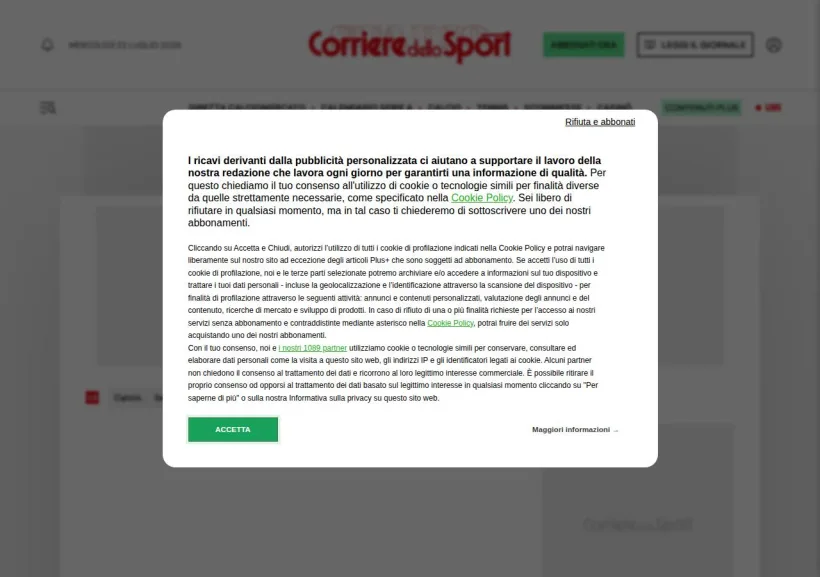 Schermata della pagina offerta di Corriere dello Sport