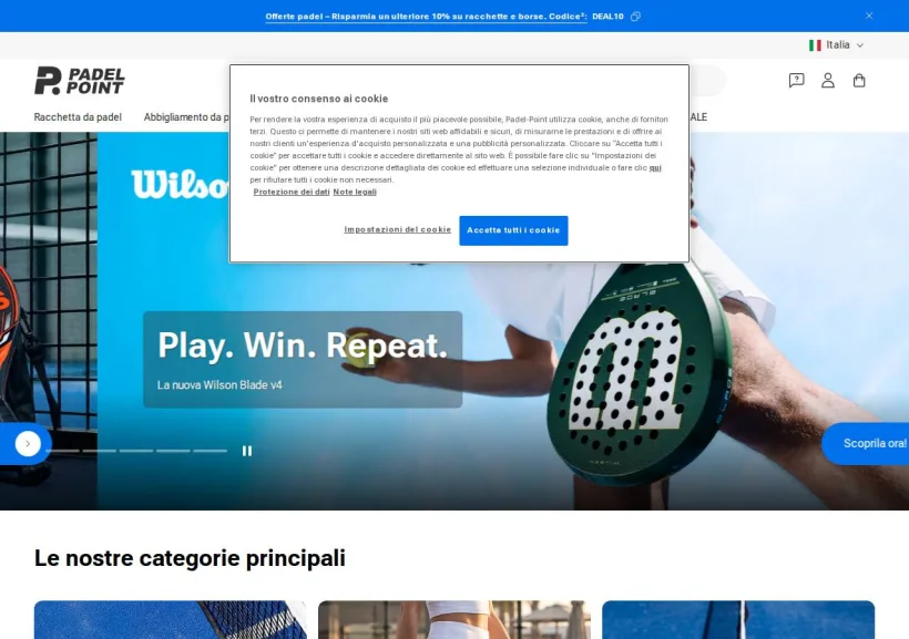 Schermata della pagina offerta di Padel-Point