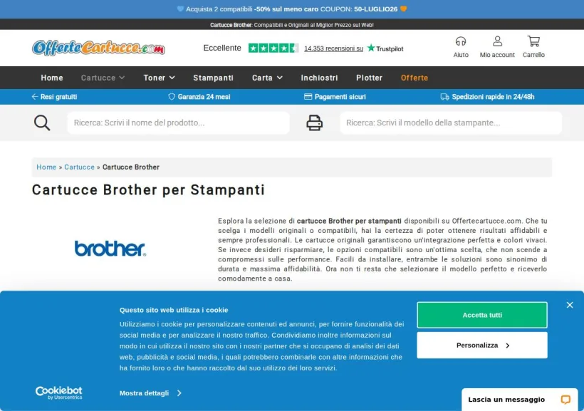 Schermata della pagina offerta di OfferteCartucce