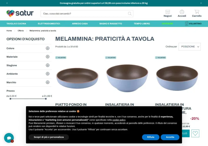 Schermata della pagina offerta di Satur