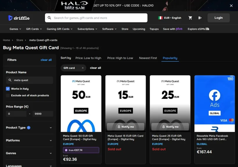 Schermata della pagina offerta di Driffle