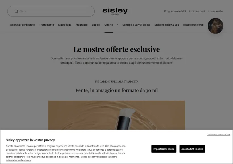 Schermata della pagina offerta di Sisley Paris