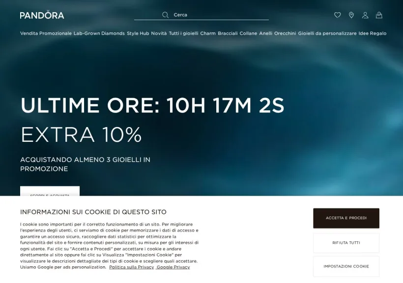 Schermata della pagina offerta di Pandora