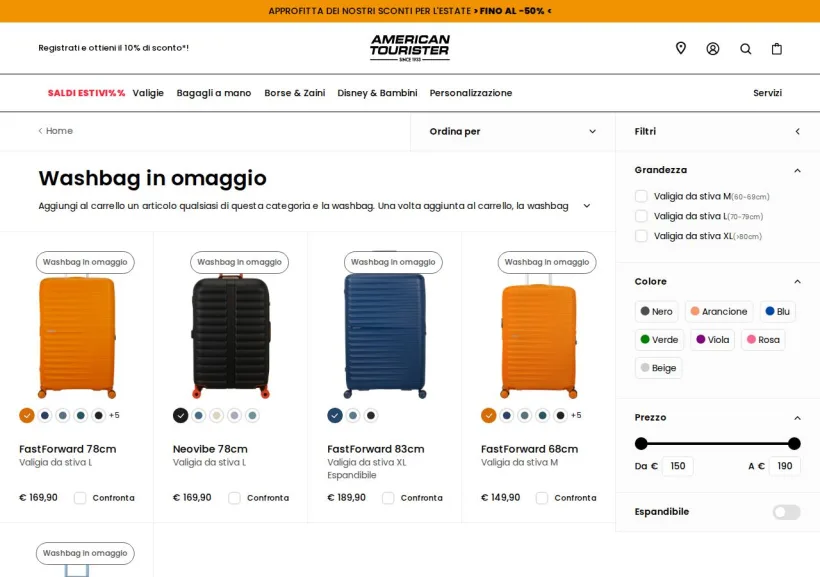 Schermata della pagina offerta di American Tourister