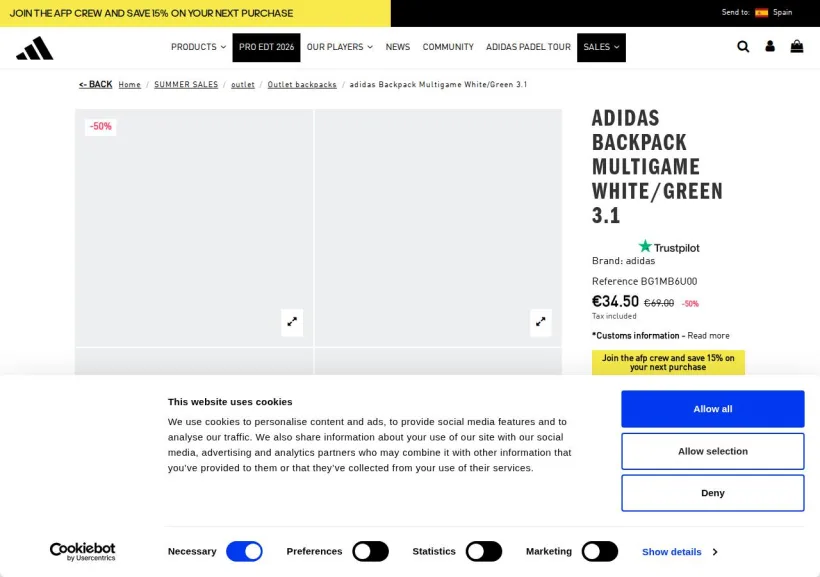 Schermata della pagina offerta di adidas Padel