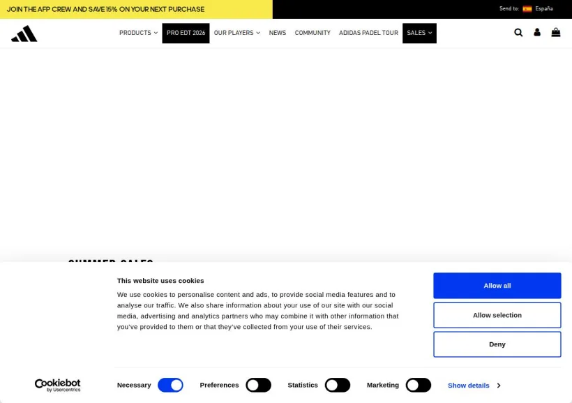 Schermata della pagina offerta di adidas Padel