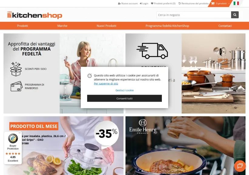 Schermata della pagina offerta di KitchenShop Europe