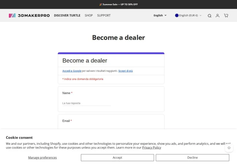 Schermata della pagina offerta di 3DMakerpro