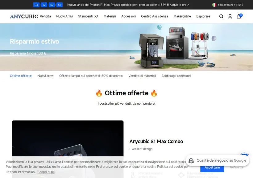 Schermata della pagina offerta di Anycubic