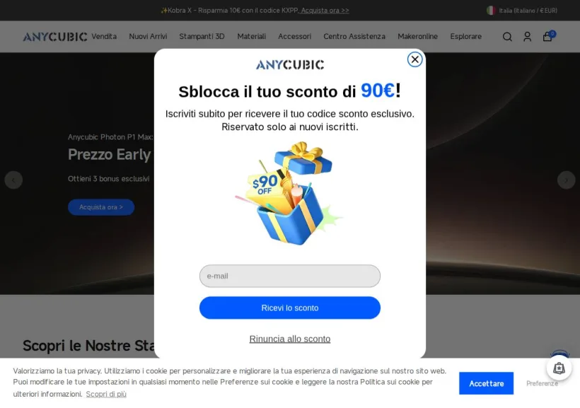 Schermata della pagina offerta di Anycubic