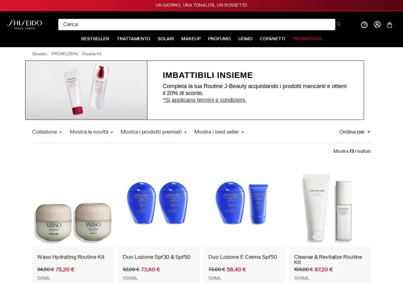 Schermata della pagina offerta di Shiseido