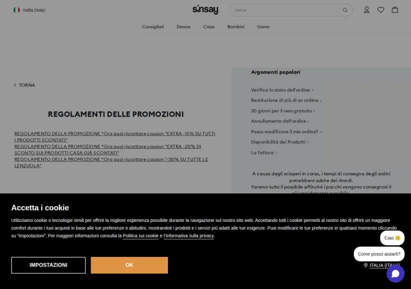 Schermata della pagina offerta di Sinsay