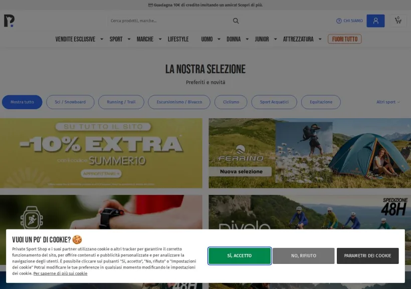 Schermata della pagina offerta di Private Sport Shop