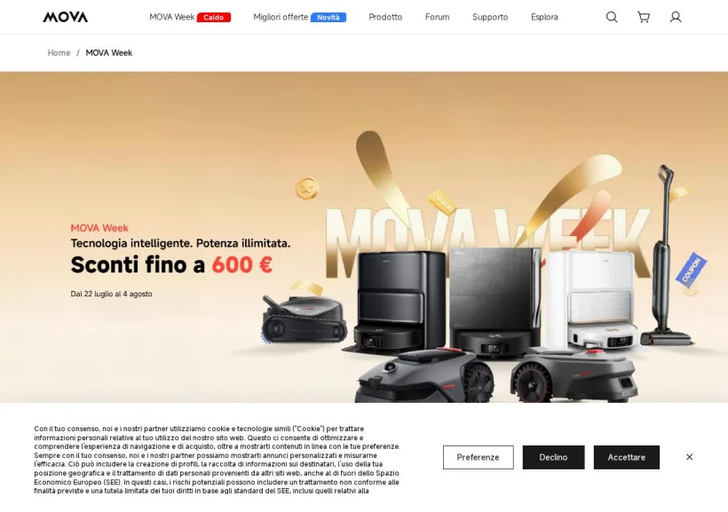 Schermata della pagina offerta di Mova