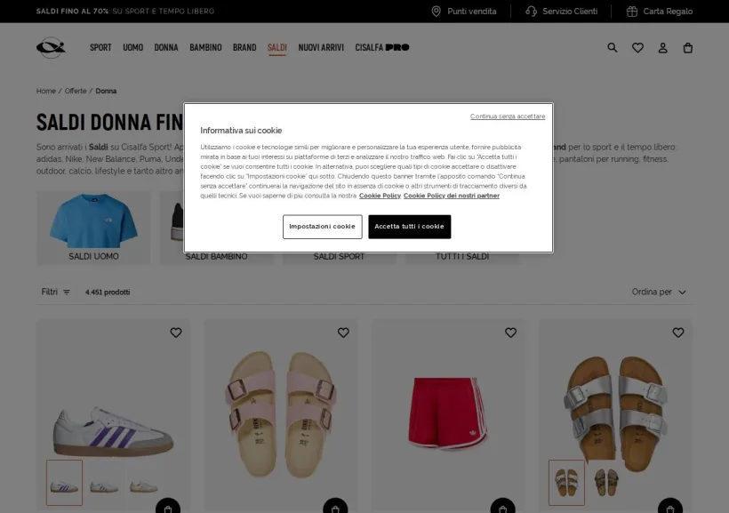 Schermata della pagina offerta di Cisalfa