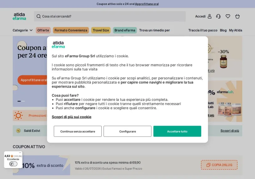 Schermata della pagina offerta di eFarma