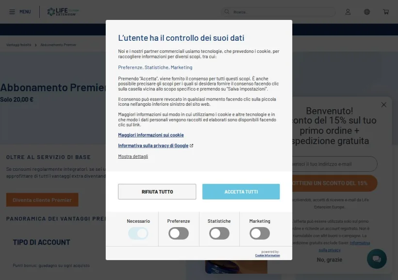 Schermata della pagina offerta di Life Extension