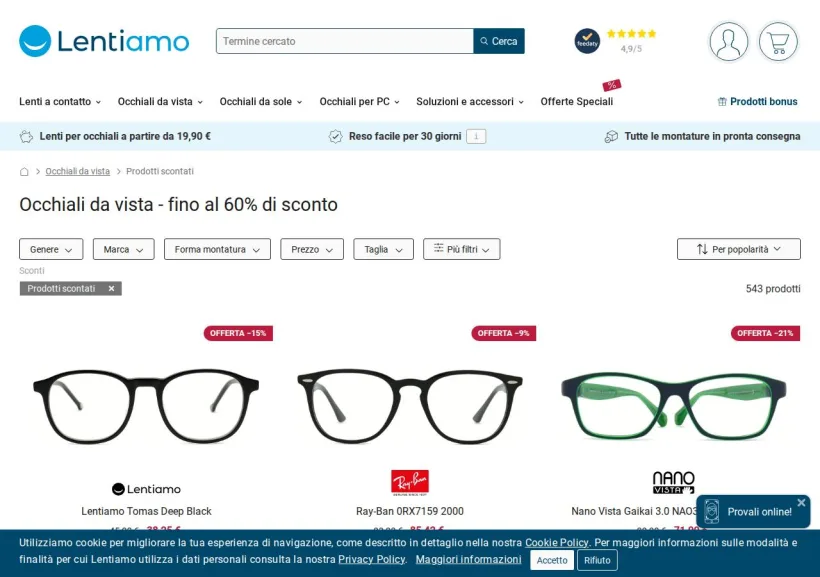 Schermata della pagina offerta di Lentiamo