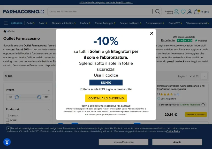 Schermata della pagina offerta di Farmacosmo