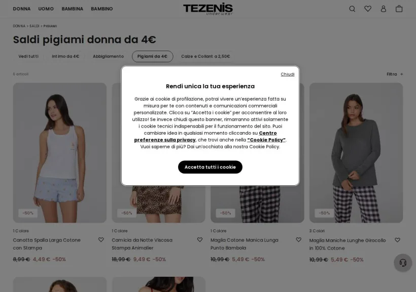 Schermata della pagina offerta di Tezenis