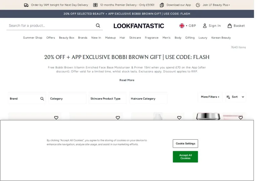 Schermata della pagina offerta di Look Fantastic