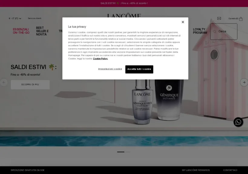 Schermata della pagina offerta di Lancome 