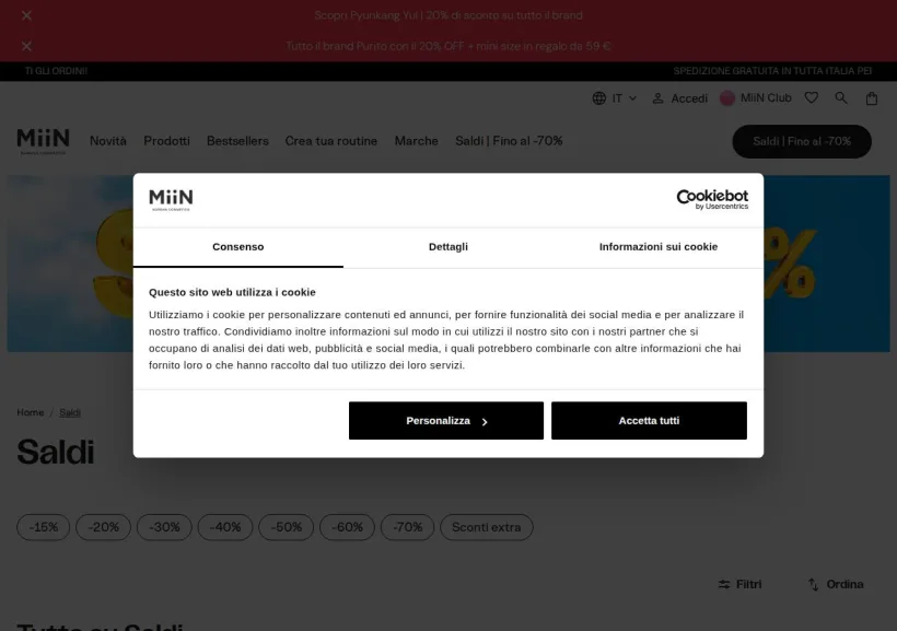Schermata della pagina offerta di Miin Cosmetics