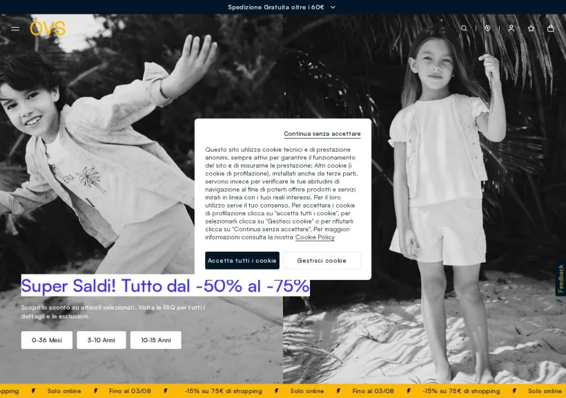 Schermata della pagina offerta di OVS