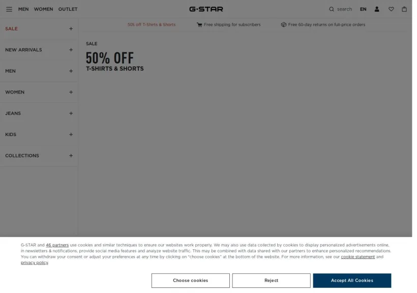 Schermata della pagina offerta di G-Star