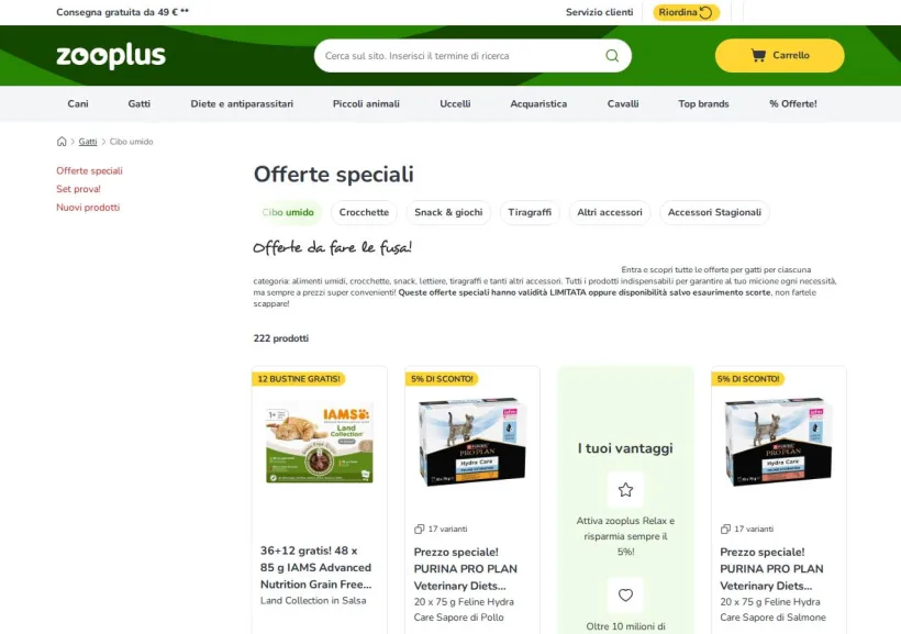 Schermata della pagina offerta di Zooplus