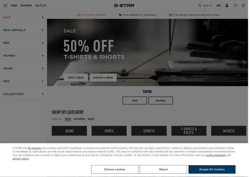 Schermata della pagina offerta di G-Star