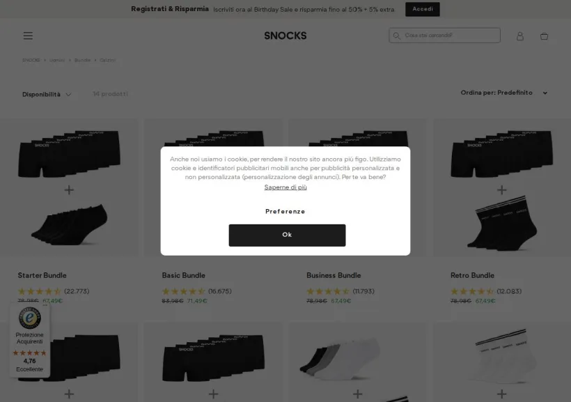 Schermata della pagina offerta di Snocks