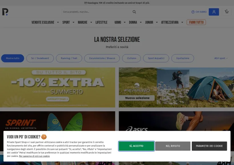 Schermata della pagina offerta di Private Sport Shop