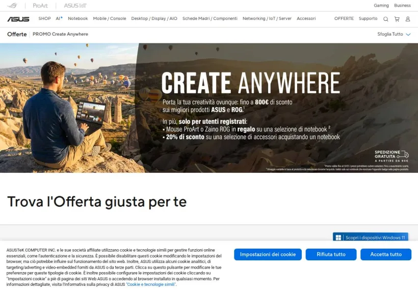 Schermata della pagina offerta di Asus