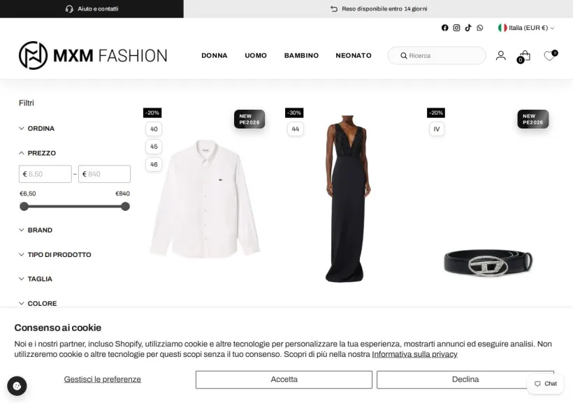 Schermata della pagina offerta di MXM Fashion