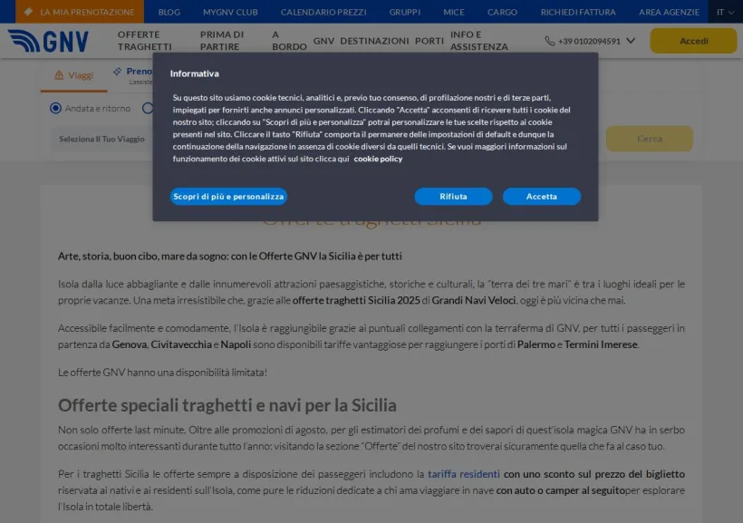 Schermata della pagina offerta di Grandi Navi Veloci