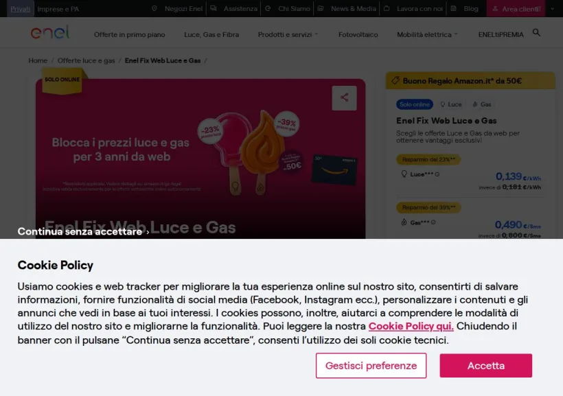 Schermata della pagina offerta di Enel