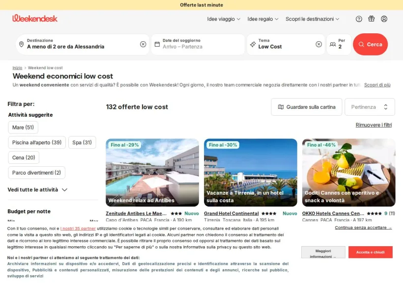 Schermata della pagina offerta di Weekendesk