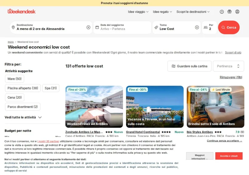 Schermata della pagina offerta di Weekendesk