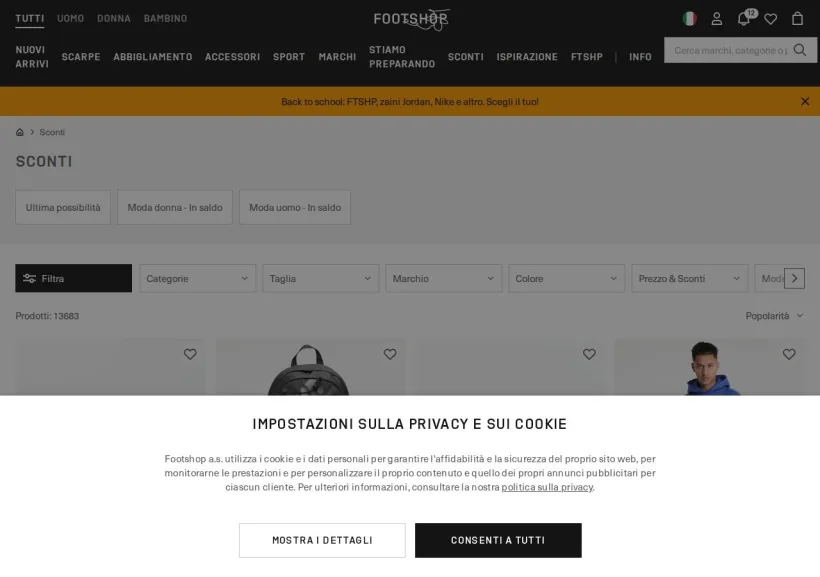 Schermata della pagina offerta di Footshop