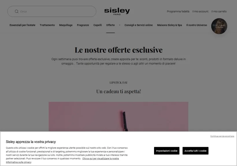 Schermata della pagina offerta di Sisley Paris
