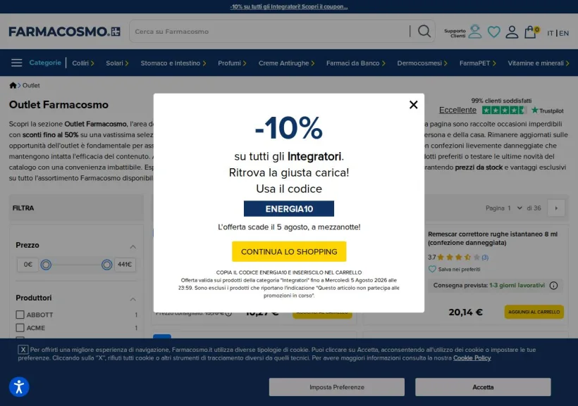Schermata della pagina offerta di Farmacosmo