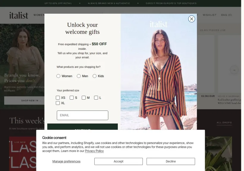 Schermata della pagina offerta di Italist