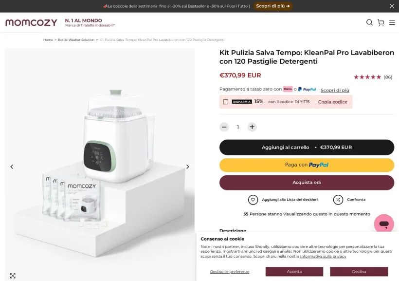 Schermata della pagina offerta di Momcozy
