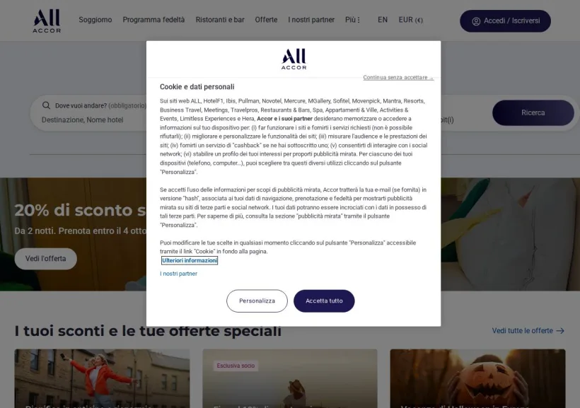 Schermata della pagina offerta di ALL Accor Live Limitless