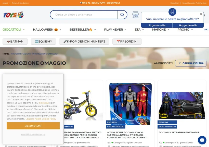Schermata della pagina offerta di Toys Center