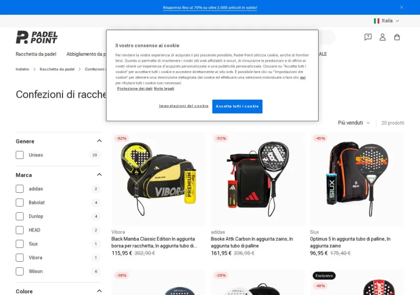 Schermata della pagina offerta di Padel-Point