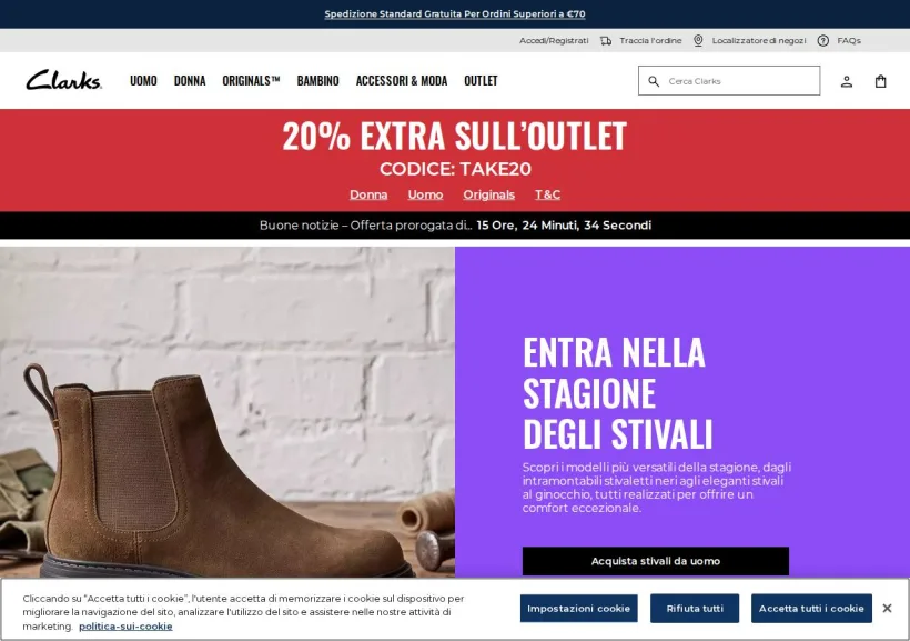 Schermata della pagina offerta di Clarks